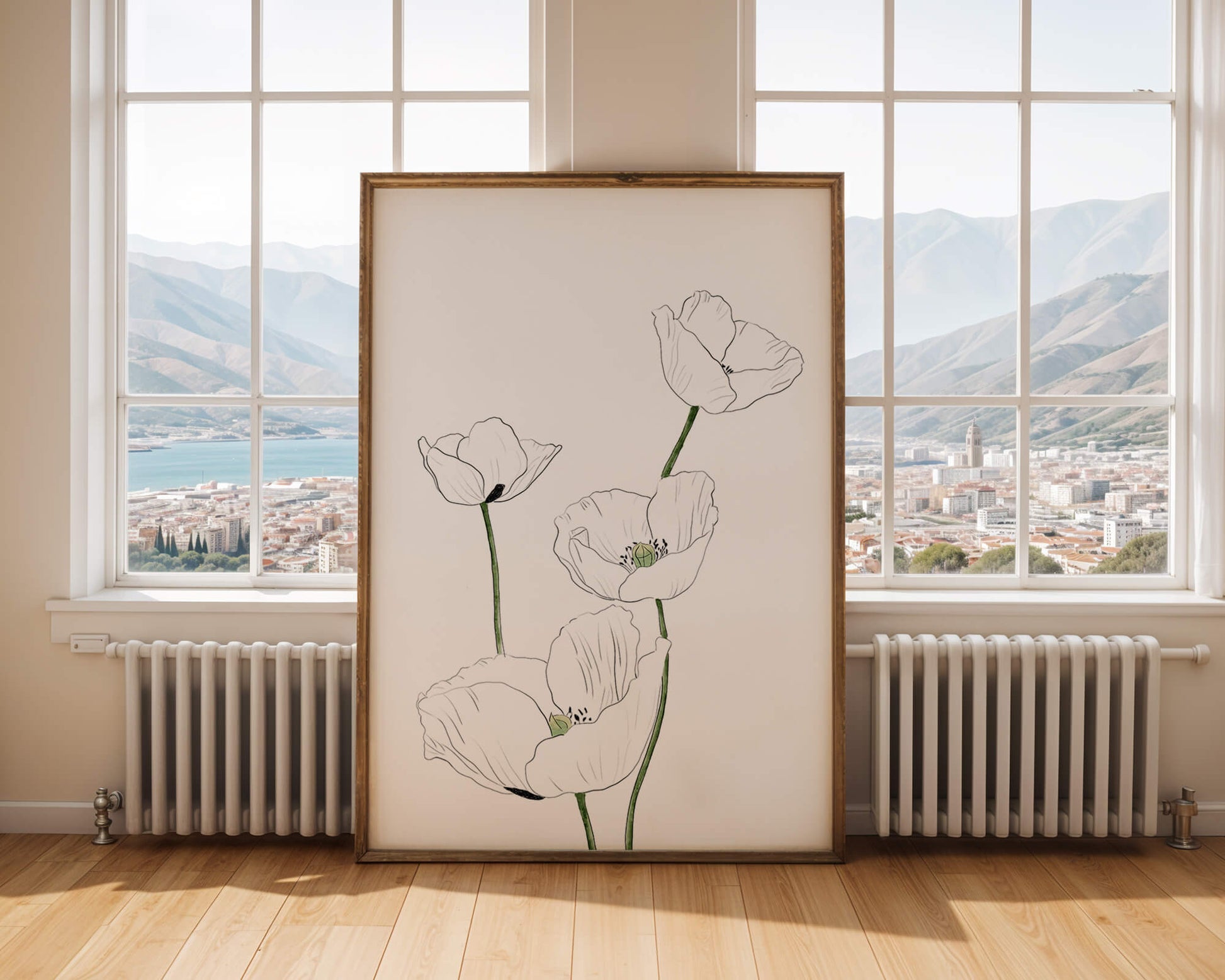 Zarte florale Linienzeichnung mit weißen Mohnblumen auf sauberem Hintergrund