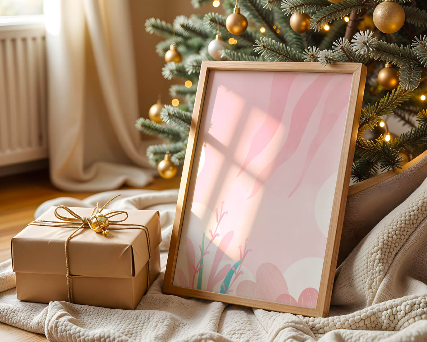 Soft Pink Abstract Floral Design with Stylized Leaves and Waves