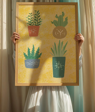 Illustrated potted plants on textured yellow background