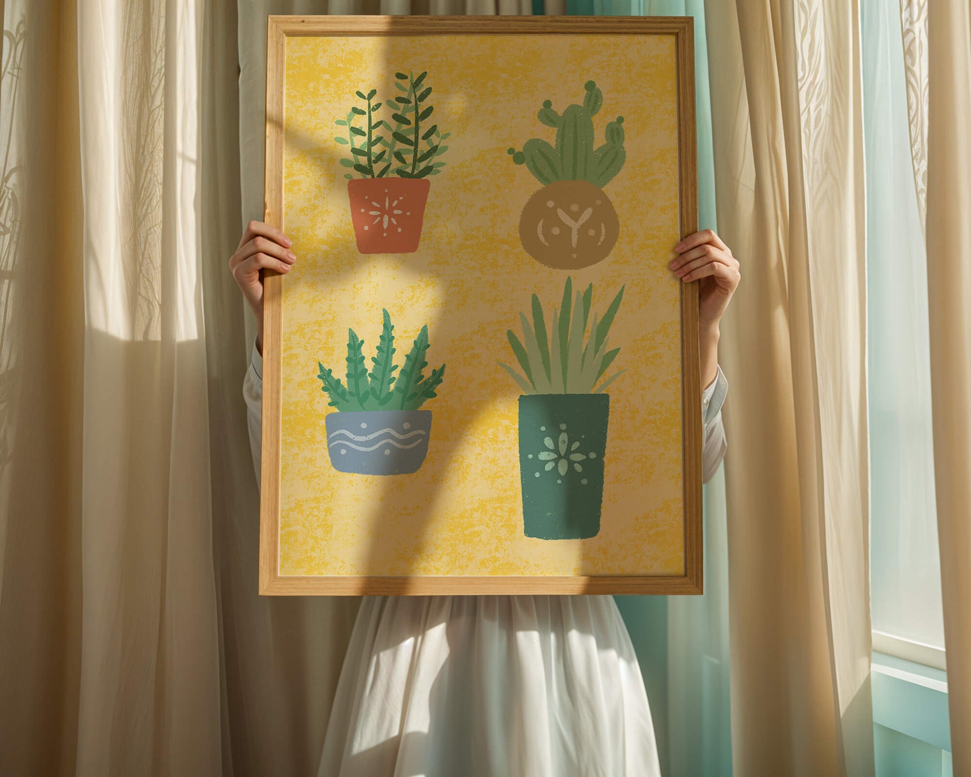 Illustrated potted plants on textured yellow background