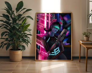 Futuristic Cyborg Woman in Digital Neon Landscape - Mi tienda