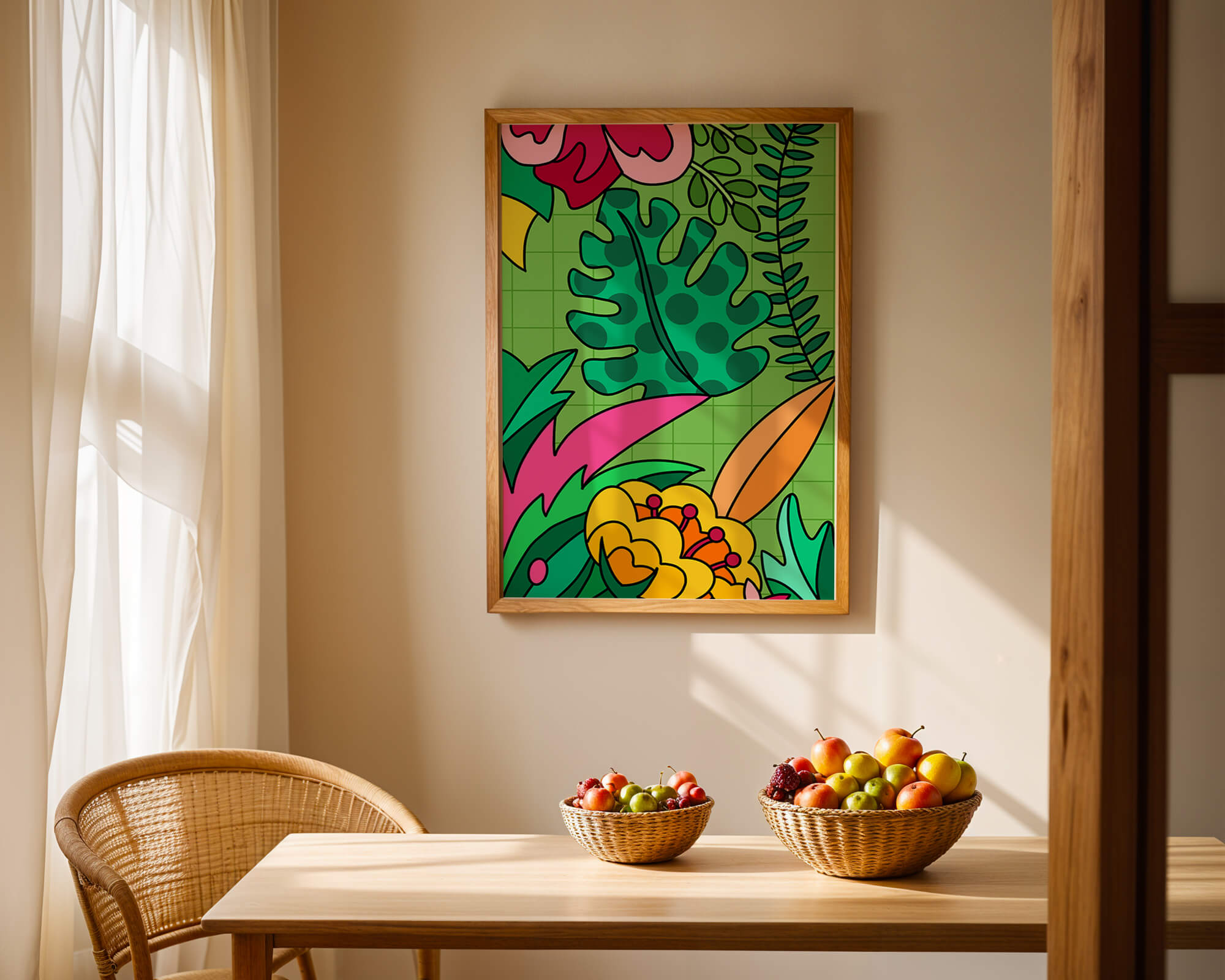 Colorful botanical illustration with vibrant tropical elements