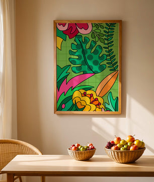 Colorful botanical illustration with vibrant tropical elements