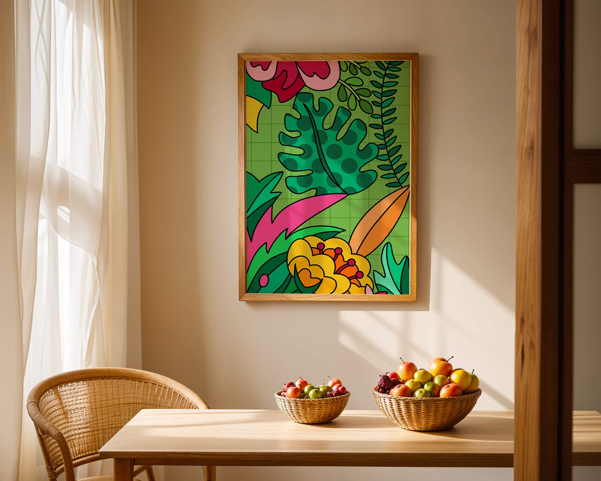 Colorful botanical illustration with vibrant tropical elements