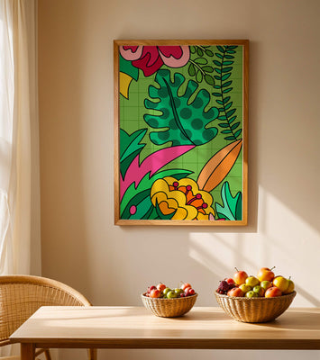 Colorful botanical illustration with vibrant tropical elements