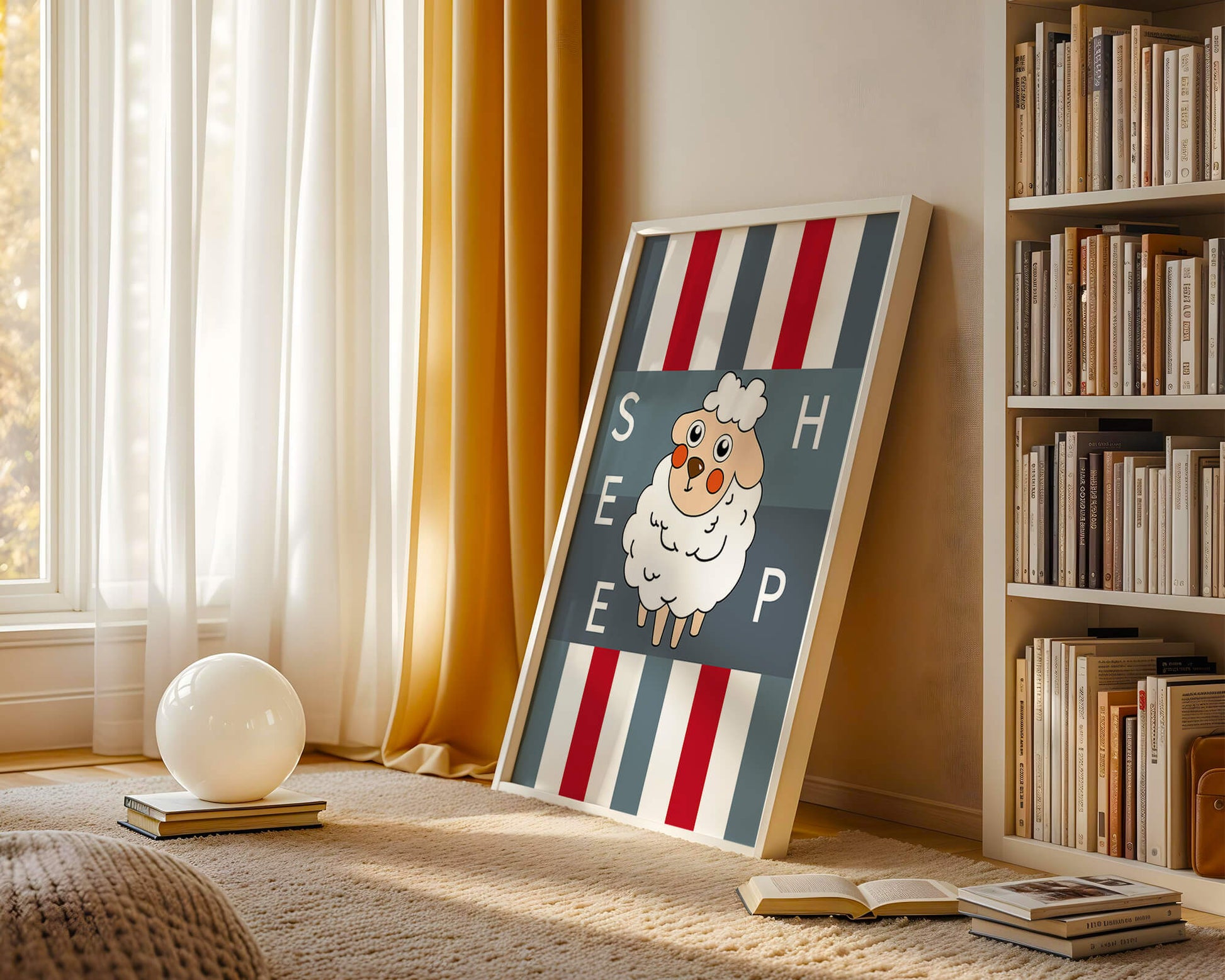Playful sheep illustration on striped background