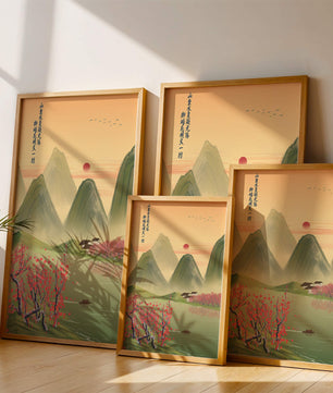 Serene landscape illustration with mountains and cherry blossoms