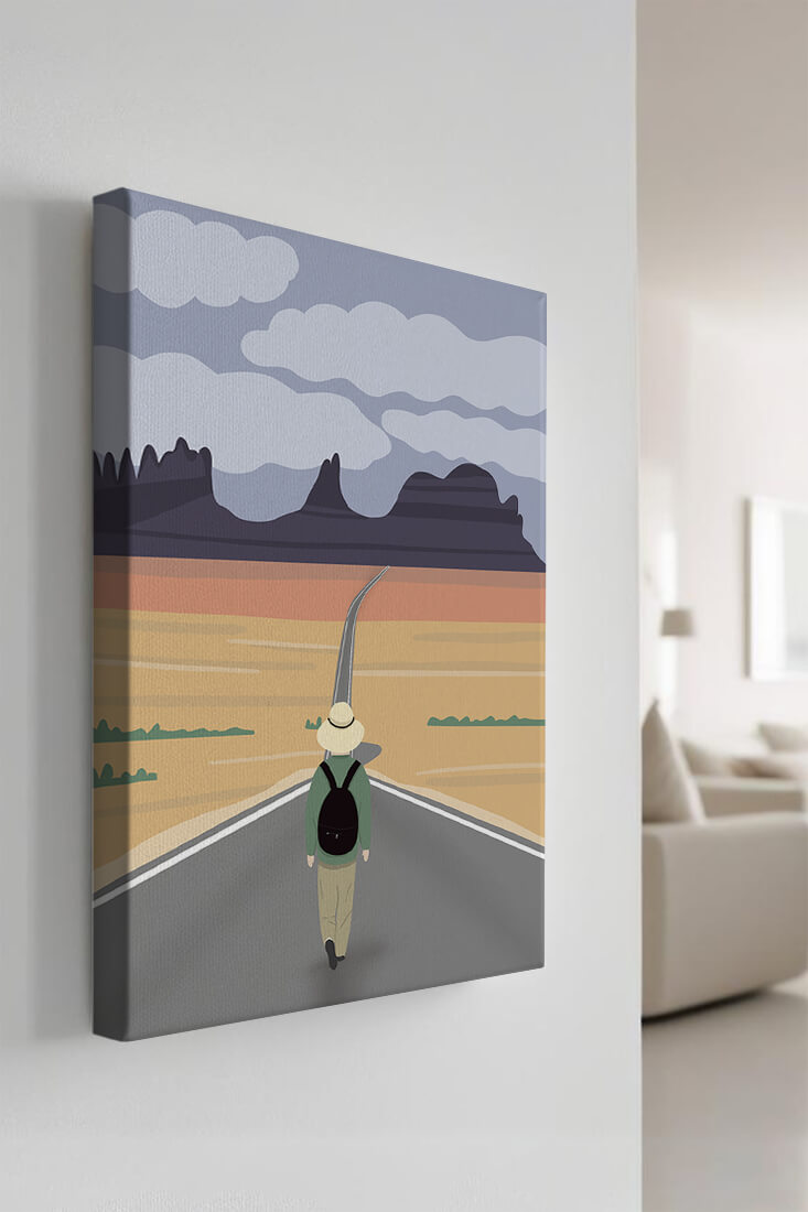 Traveler Walking on Endless Road Toward Mountains