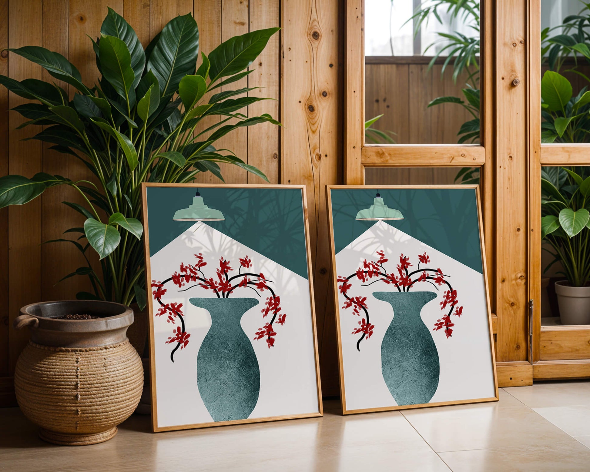 Modern Minimalist Vase with Red Flowers Under Green Lamp