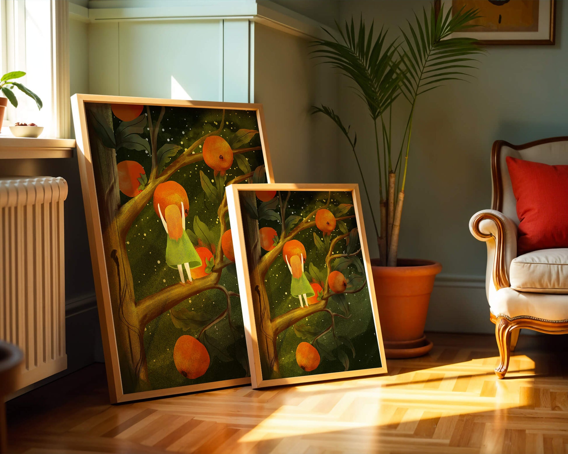 Little Girl Picking Oranges on a Starry Night