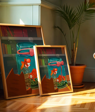 Neugierige Katze beobachtet Goldfische in einem Glas auf einem Bücherregal