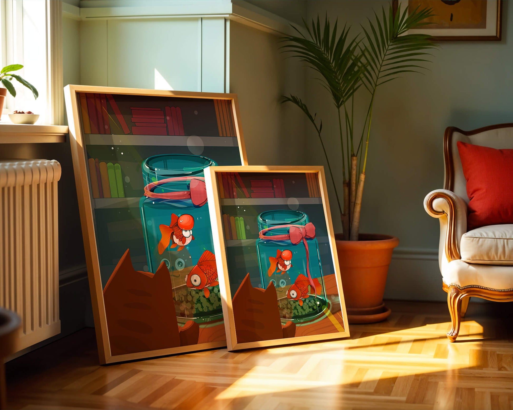 Neugierige Katze beobachtet Goldfische in einem Glas auf einem Bücherregal