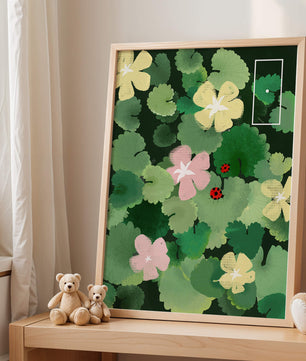 Colorful floral illustration with ladybugs in a lush garden setting