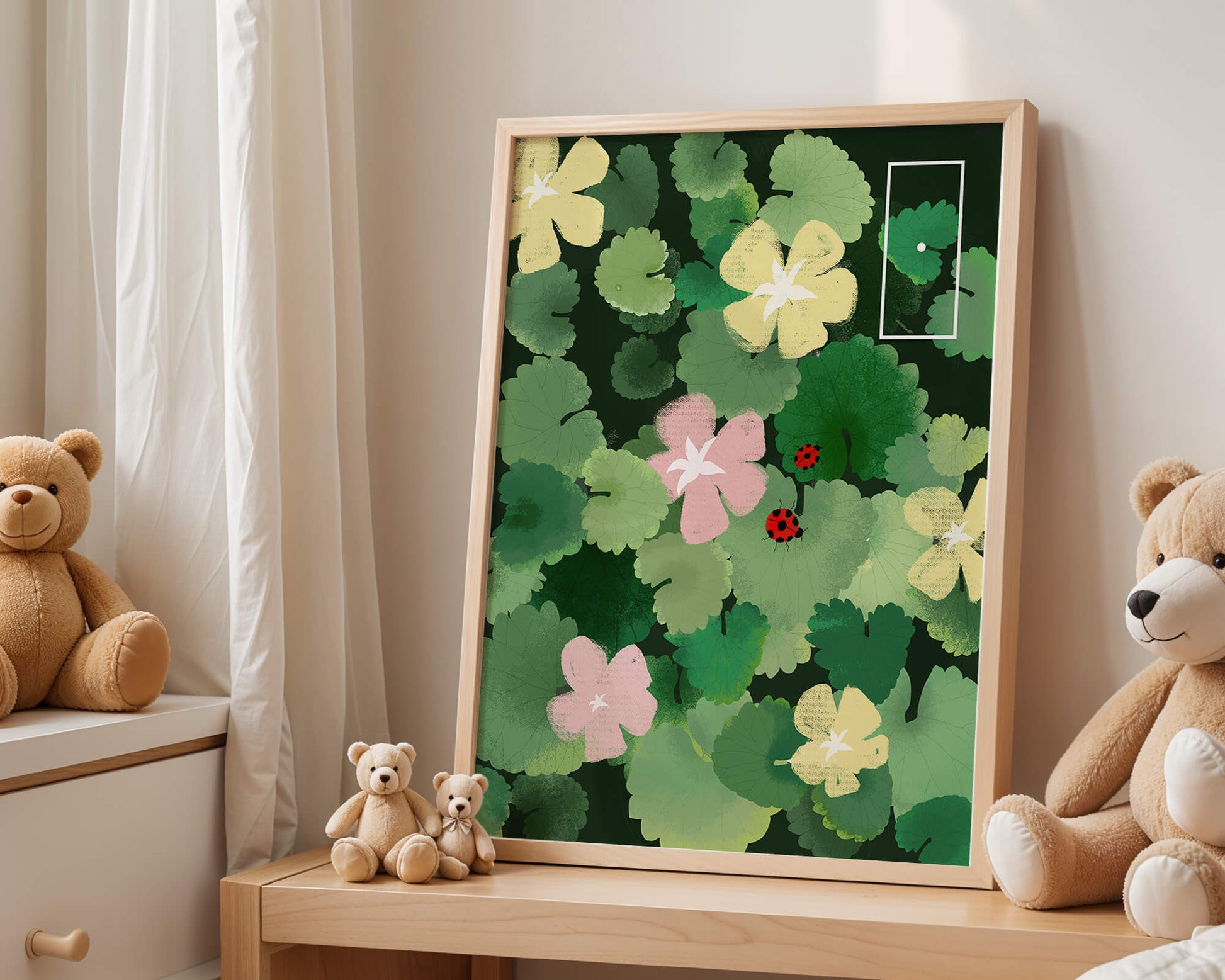 Colorful floral illustration with ladybugs in a lush garden setting