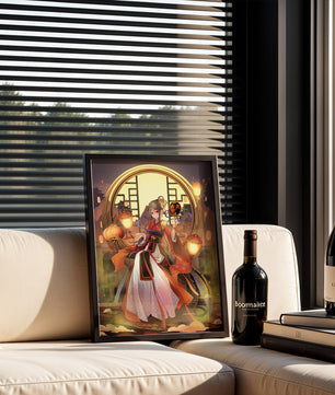 Elegant Asian-inspired fantasy artwork with lanterns
