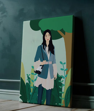 Illustrative portrait of a woman in a stylish outfit with nature backdrop