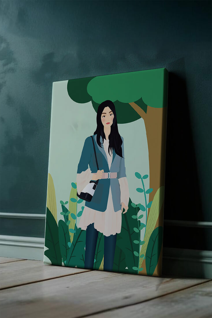 Illustrative portrait of a woman in a stylish outfit with nature backdrop
