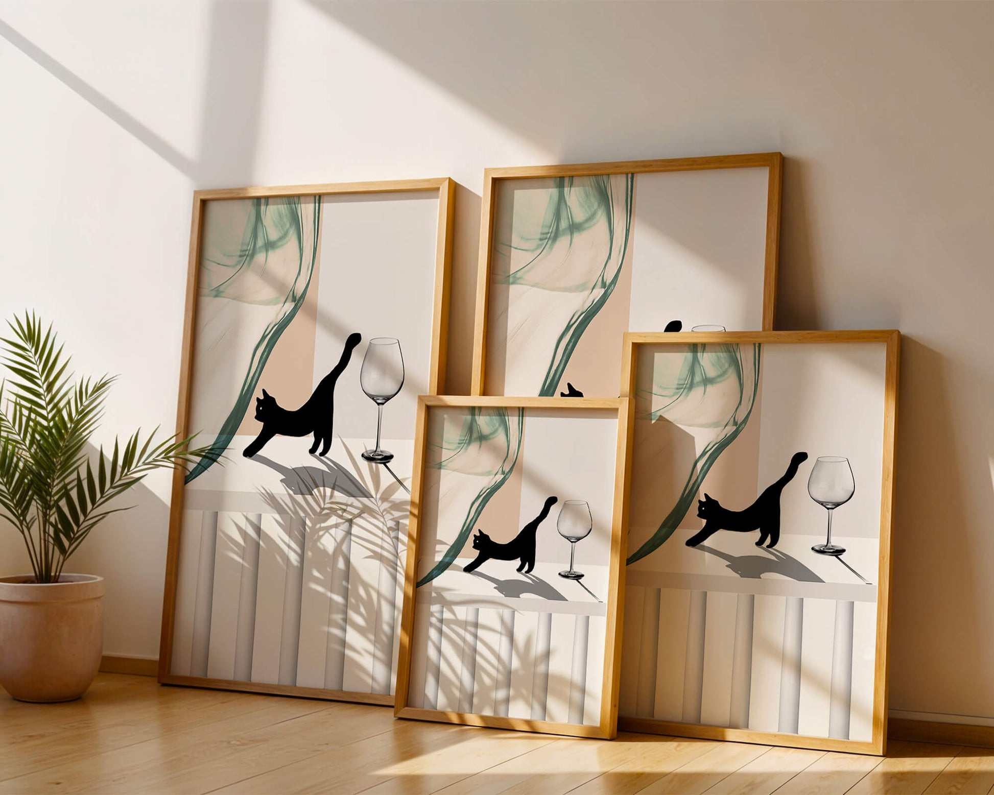 Abstract Composition with Black Cat and Wine Glass on Geometric Background
