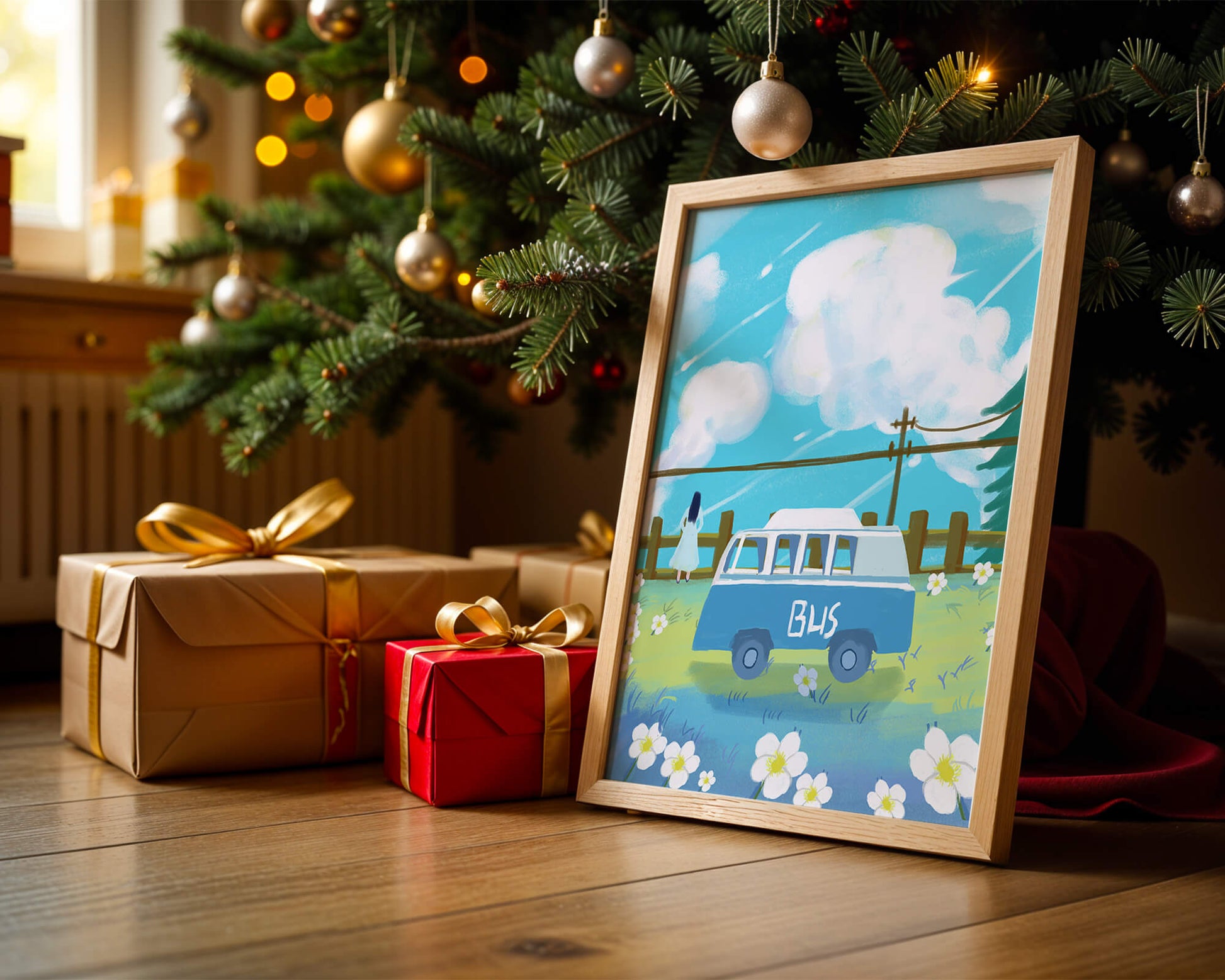 Ilustración escénica con autobús azul y prado en flor