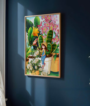 Charmante scène de jardin avec une jeune fille et des fleurs éclatantes