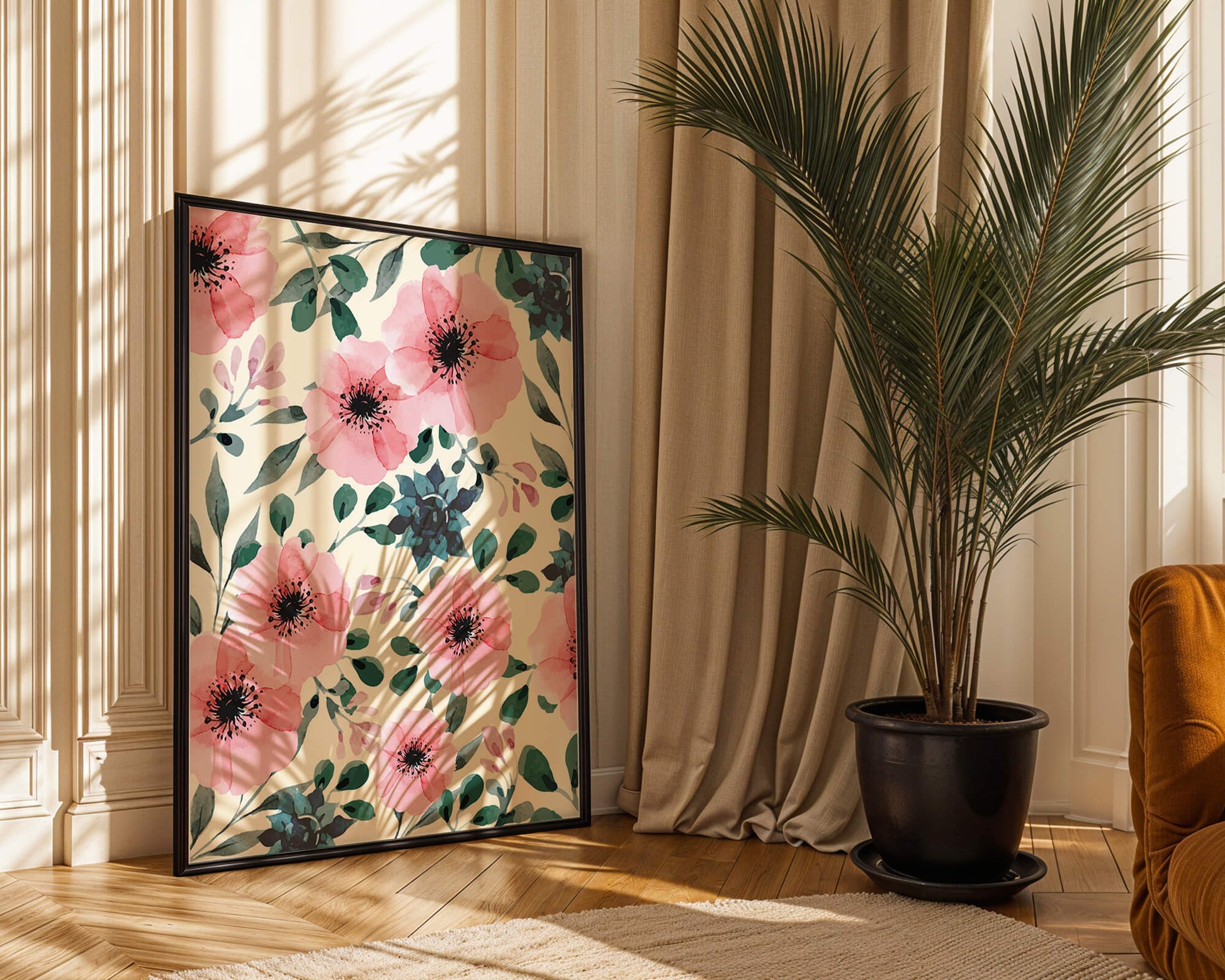 Floral Watercolor Pattern with Pink Flowers and Green Leaves