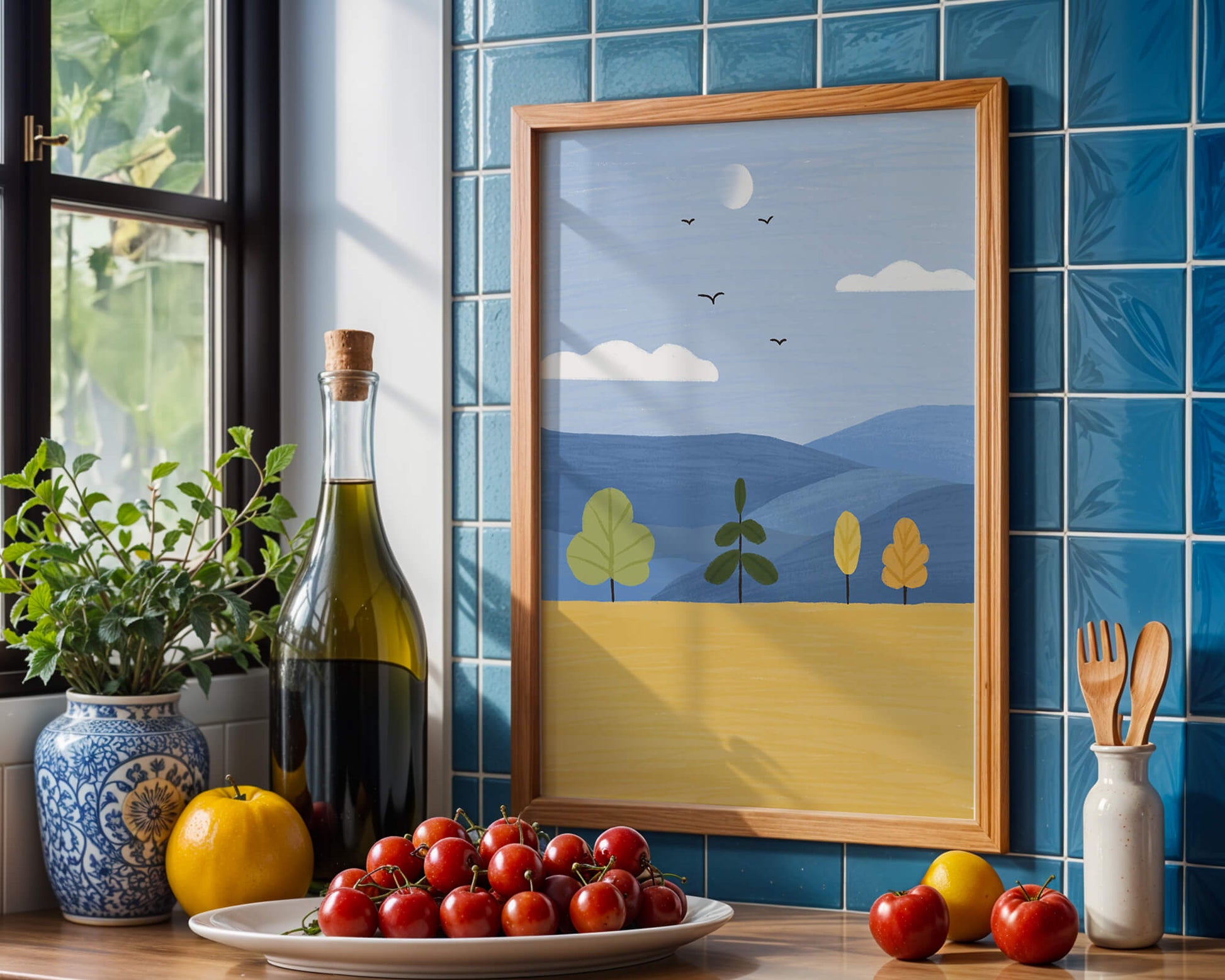 Paisaje colorido con árboles y aves en un campo sereno