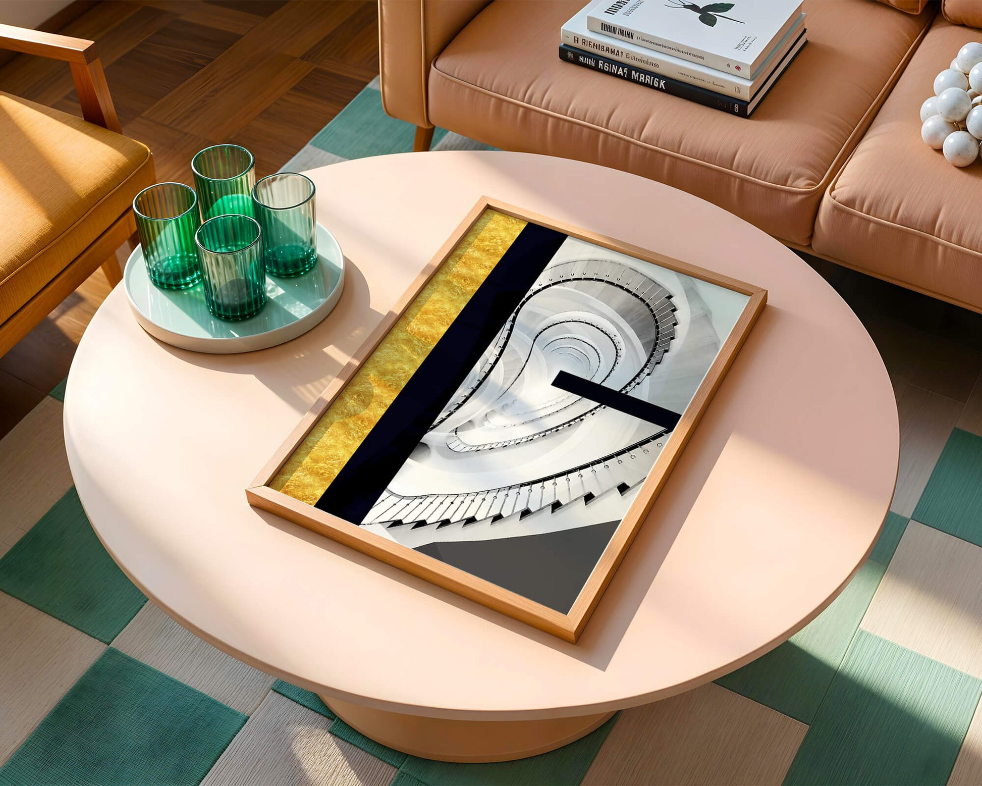 Abstract spiral staircase with a gold accent design