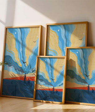Paisaje abstracto colorido con figura y pájaros