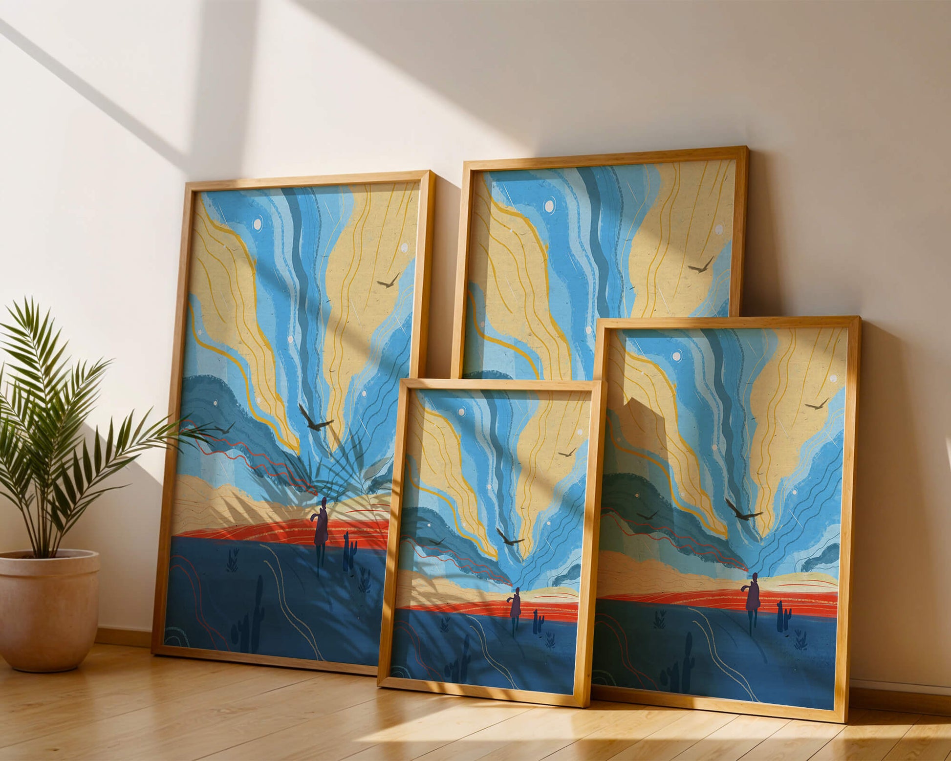 Colorful abstract landscape with figure and birds