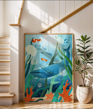 Underwater scene with whale, fish, and sea plants illustration