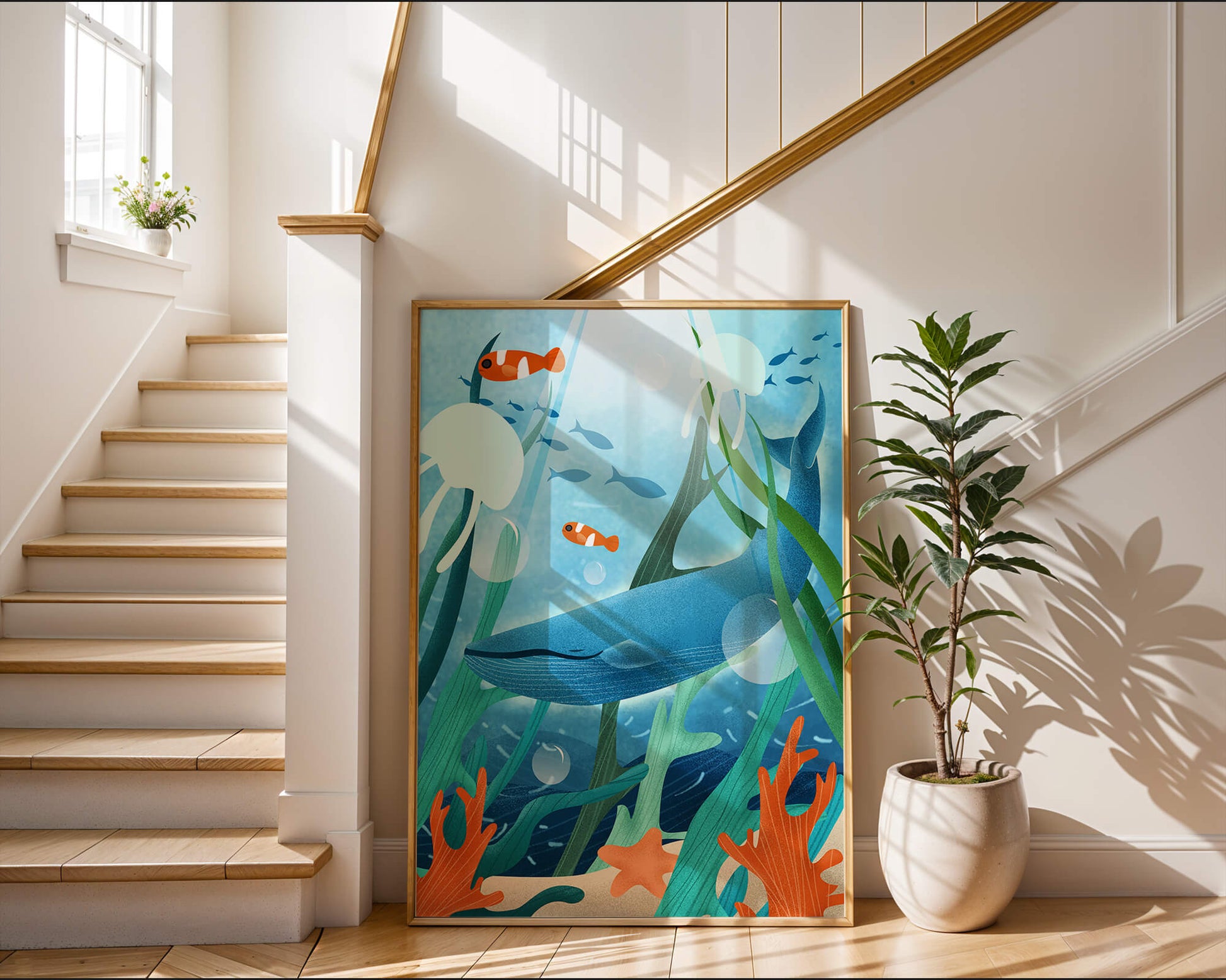 Underwater scene with whale, fish, and sea plants illustration