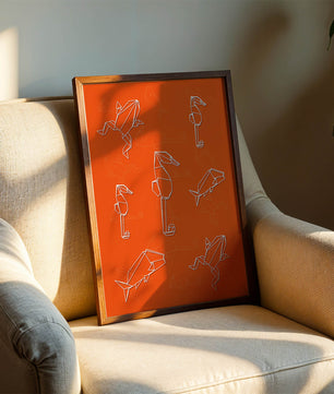 Geometrische Tiermuster auf leuchtend orangefarbenem Hintergrund
