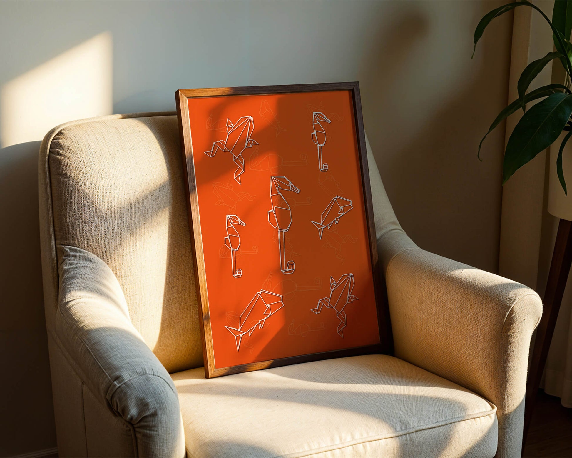 Geometric animal patterns on vibrant orange background