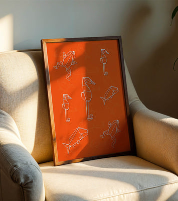 Geometric animal patterns on vibrant orange background