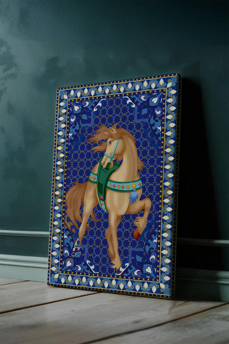 Intricate patterned horse art with a vibrant decorative border