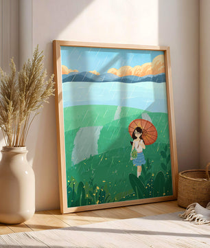 Girl with Umbrella in Rainy Meadow