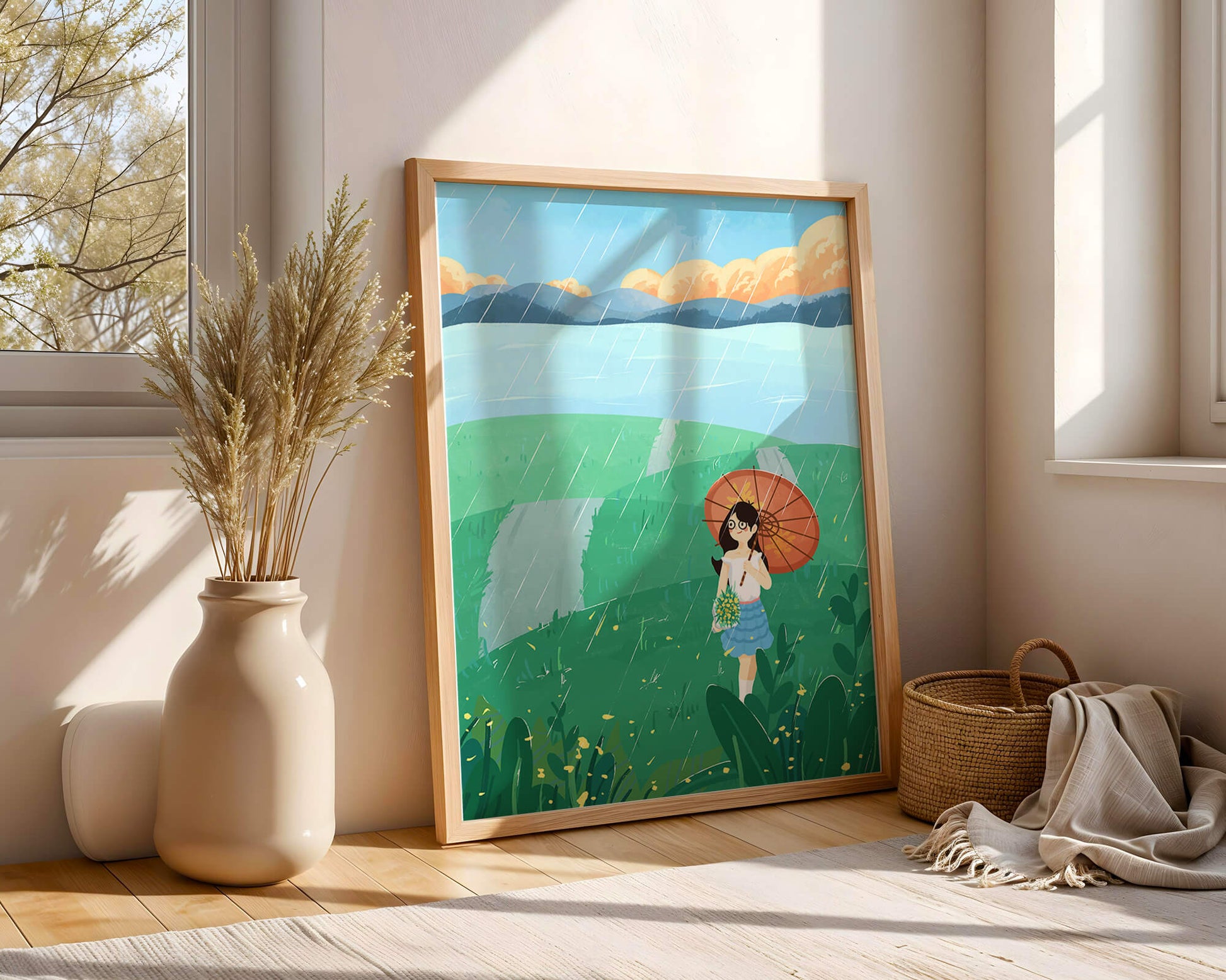 Girl with Umbrella in Rainy Meadow