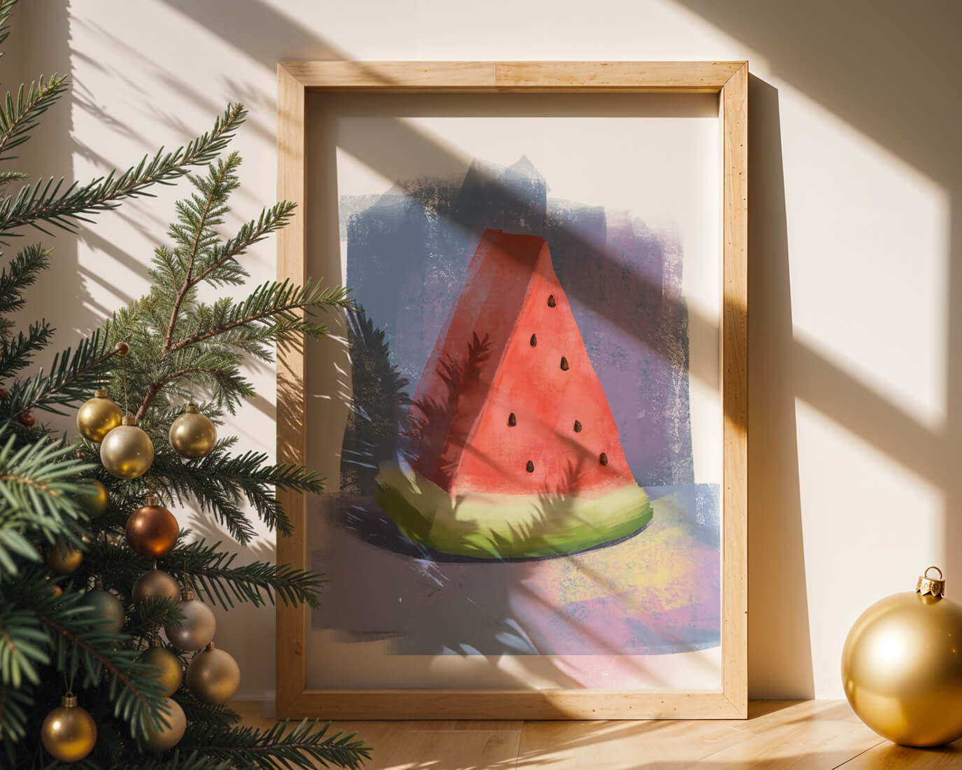 Watercolor illustration of a watermelon slice with abstract background