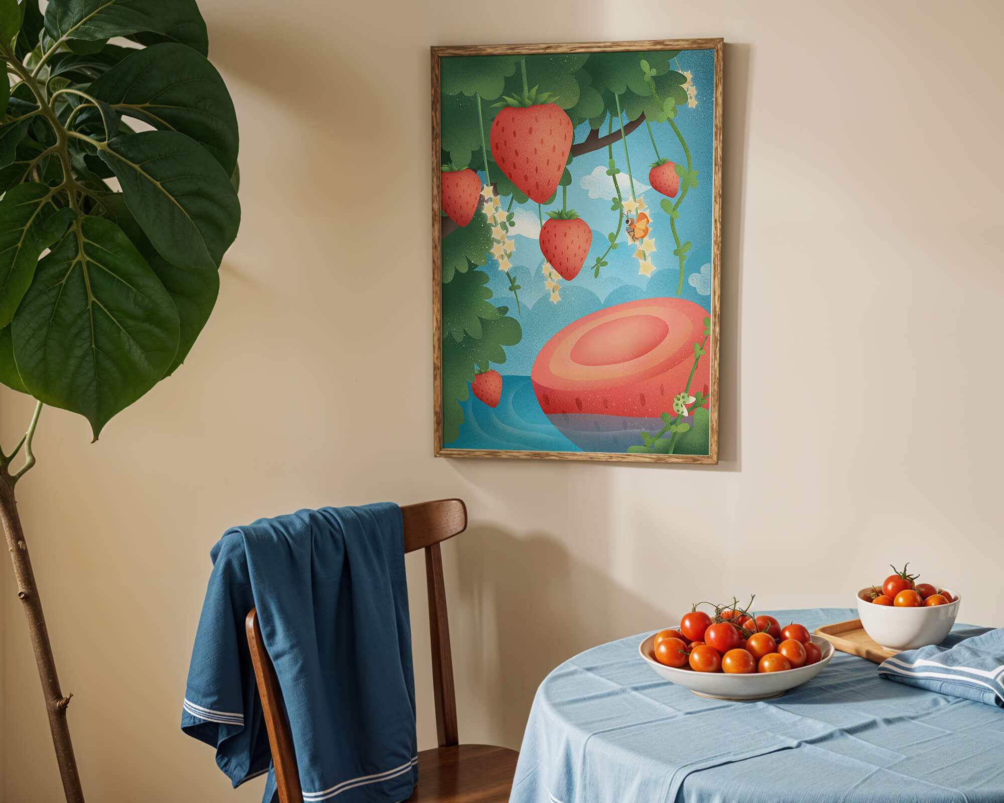 Illustrated strawberries in a whimsical garden setting