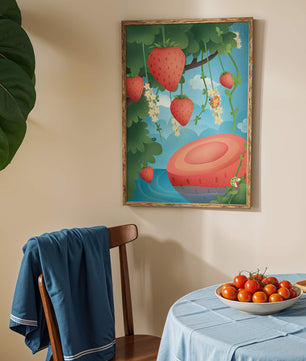 Illustrated strawberries in a whimsical garden setting
