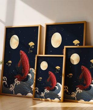 Traditional Japanese koi fish art with moonlit waves and clouds