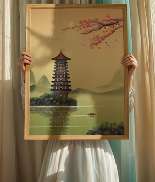 Serene landscape with traditional pagoda and blooming cherry blossoms