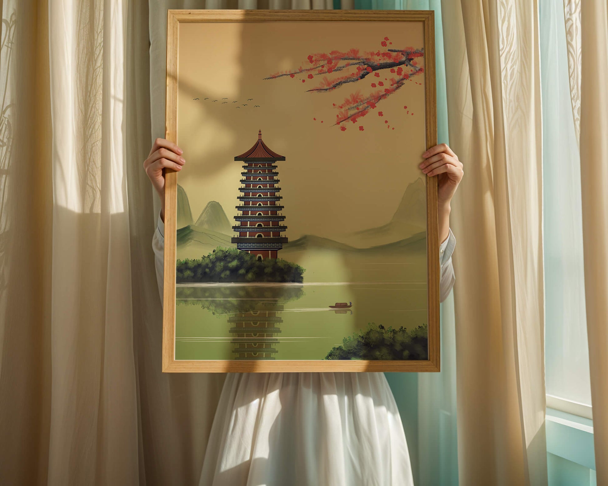 Serene landscape with traditional pagoda and blooming cherry blossoms