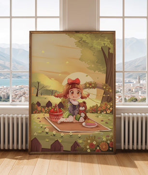 Whimsical picnic scene with a young girl and teddy bear under sunset in vibrant meadow