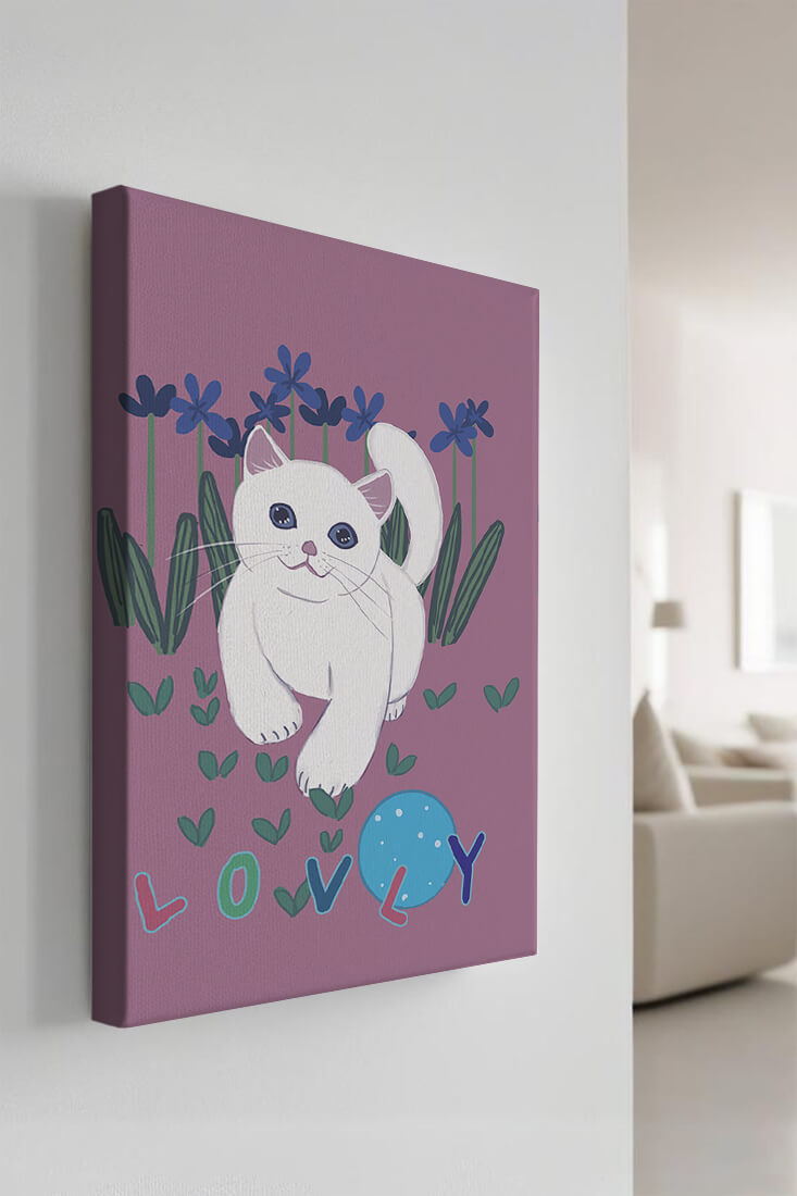 Charming illustration of a white cat in a floral field with playful text