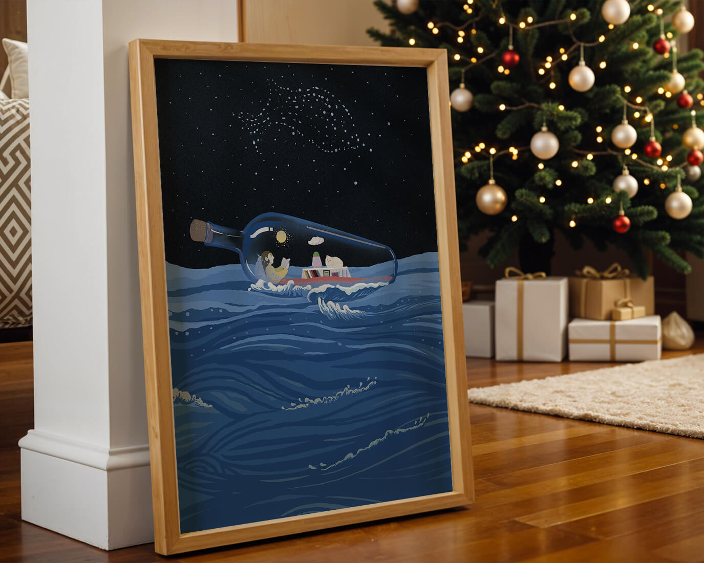 Surreal illustration of a bottle on the ocean with a starry night sky