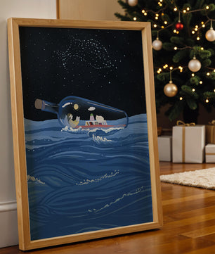 Surreal illustration of a bottle on the ocean with a starry night sky