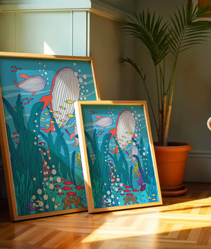 Underwater world illustration with whales and fish amidst seaweed