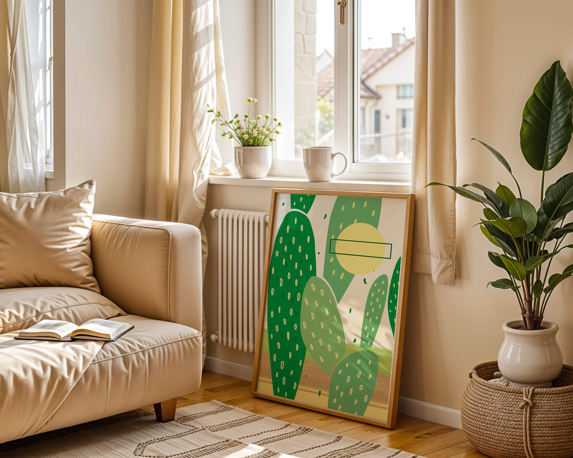Abstract cactus art with green and yellow elements