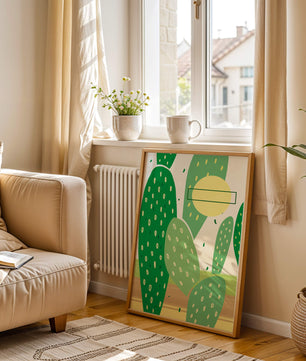 Art abstrait de cactus avec des éléments verts et jaunes